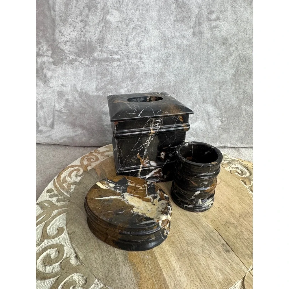 3pc Brown Marble Bathroom Accessory Set Tissue‎ Cover Tumbler Soap Dish Luxury